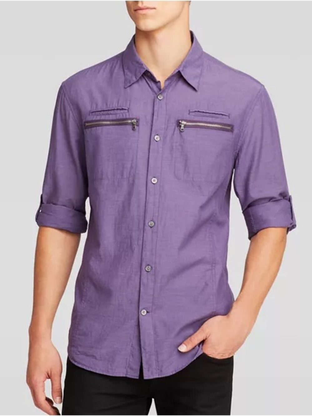 John Varvatos Purple Double Zip Chest Pocket Button-Down Shirt, size XXL